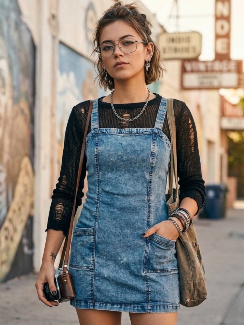 Aeropostale Denim Pinafore Dress Acid Wash 90s Grunge Blue XL
